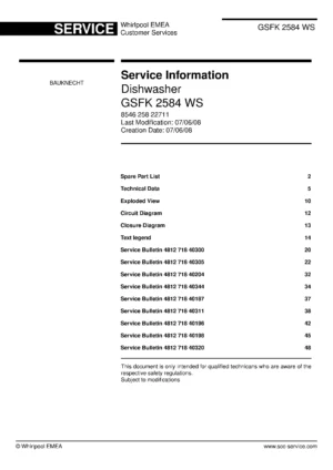 Bauknecht gsfk 2584 ws (50) service manual integrated dishwasher showing service information and table of contents with spare parts list, exploded view, circuit diagram, program chart, test program, error codes, and service bulletins.