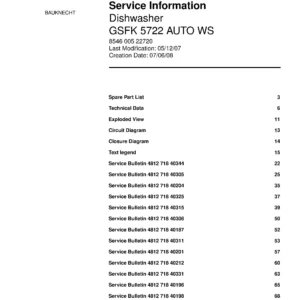 Bauknecht gsfk 5722 auto ws (73) service manual integrated dishwasher showing service information and table of contents with spare parts list, exploded view, circuit diagram, program chart, test program, error codes, and service bulletins.