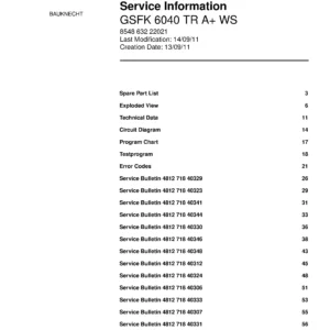 Bauknecht gsfk 6040 tr a ws (82) service manual integrated dishwasher showing service information and table of contents with spare parts list, exploded view, circuit diagram, program chart, test program, error codes, and service bulletins.