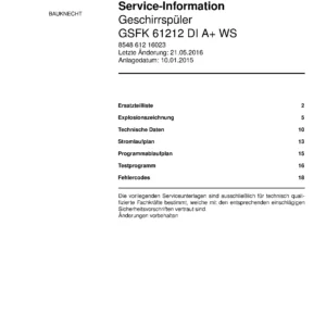 Bauknecht gsfk 61212 di a ws deutsch (22) service manual integrated dishwasher showing service information and table of contents with spare parts list, exploded view, circuit diagram, program chart, test program, error codes, and service bulletins.
