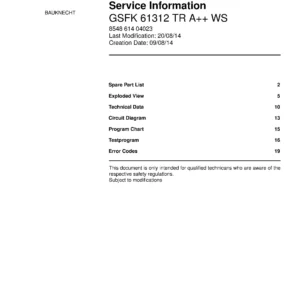 Bauknecht gsfk 61312 tr a ws (23) service manual integrated dishwasher showing service information and table of contents with spare parts list, exploded view, circuit diagram, program chart, test program, error codes, and service bulletins.