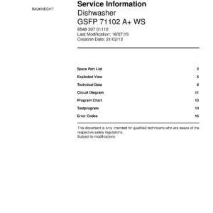Bauknecht gsfp 71102 a ws (15) service manual integrated dishwasher showing service information and table of contents with spare parts list, exploded view, circuit diagram, program chart, test program, error codes, and service bulletins.