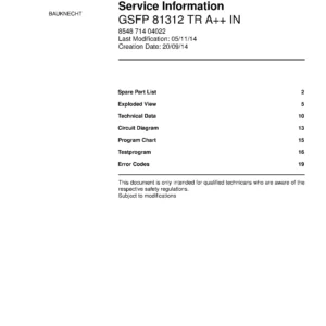Bauknecht gsfp 81312 tr a in (23) service manual integrated dishwasher showing service information and table of contents with spare parts list, exploded view, circuit diagram, program chart, test program, error codes, and service bulletins.