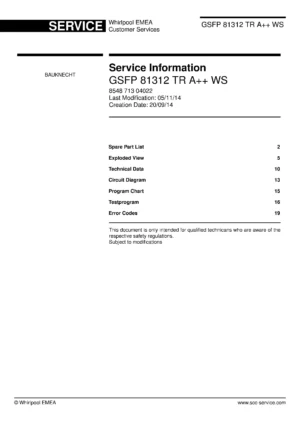 Bauknecht gsfp 81312 tr a ws 854871304022 (23) service manual integrated dishwasher showing service information and table of contents with spare parts list, exploded view, circuit diagram, program chart, test program, error codes, and service bulletins.
