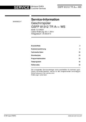 Bauknecht gsfp 81312 tr a ws deutsch (22) service manual integrated dishwasher showing service information and table of contents with spare parts list, exploded view, circuit diagram, program chart, test program, error codes, and service bulletins.