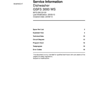Bauknecht gsfs 3000 ws 857303022133 (23) service manual integrated dishwasher showing service information and table of contents with spare parts list, exploded view, circuit diagram, program chart, test program, error codes, and service bulletins.