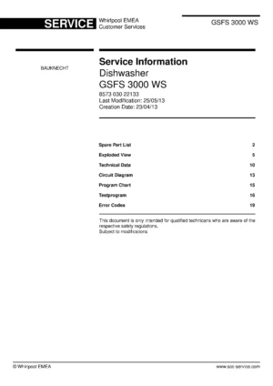 Bauknecht gsfs 3000 ws 857303022133 (23) service manual integrated dishwasher showing service information and table of contents with spare parts list, exploded view, circuit diagram, program chart, test program, error codes, and service bulletins.
