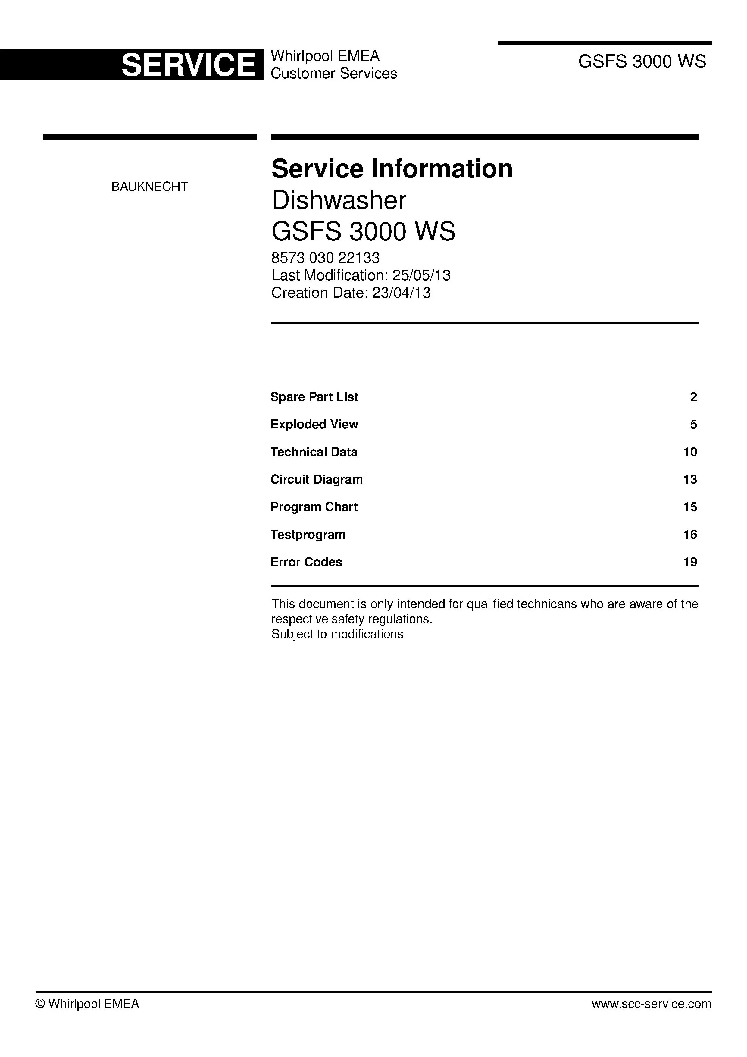 Bauknecht gsfs 3000 ws 857303022133 (23) service manual integrated dishwasher showing service information and table of contents with spare parts list, exploded view, circuit diagram, program chart, test program, error codes, and service bulletins.