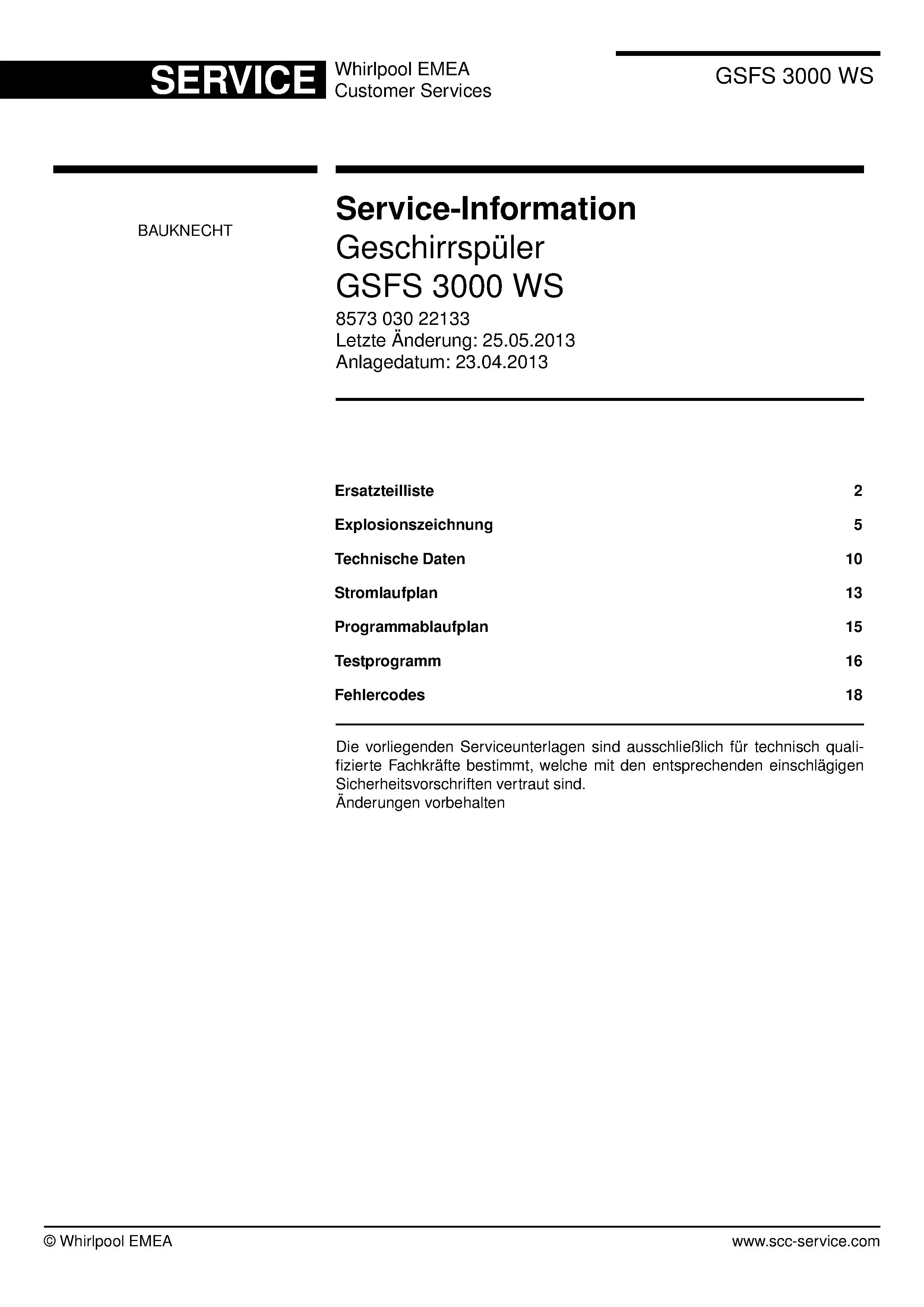 Bauknecht gsfs 3000 ws deutsch (22) service manual integrated dishwasher showing service information and table of contents with spare parts list, exploded view, circuit diagram, program chart, test program, error codes, and service bulletins.