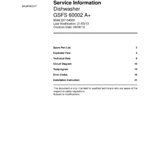 Bauknecht gsfs 60002 a (26) service manual integrated dishwasher showing service information and table of contents with spare parts list, exploded view, circuit diagram, program chart, test program, error codes, and service bulletins.