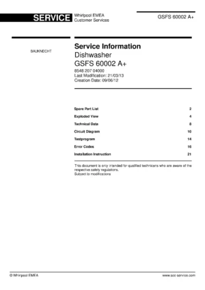 Bauknecht gsfs 60002 a (26) service manual integrated dishwasher showing service information and table of contents with spare parts list, exploded view, circuit diagram, program chart, test program, error codes, and service bulletins.