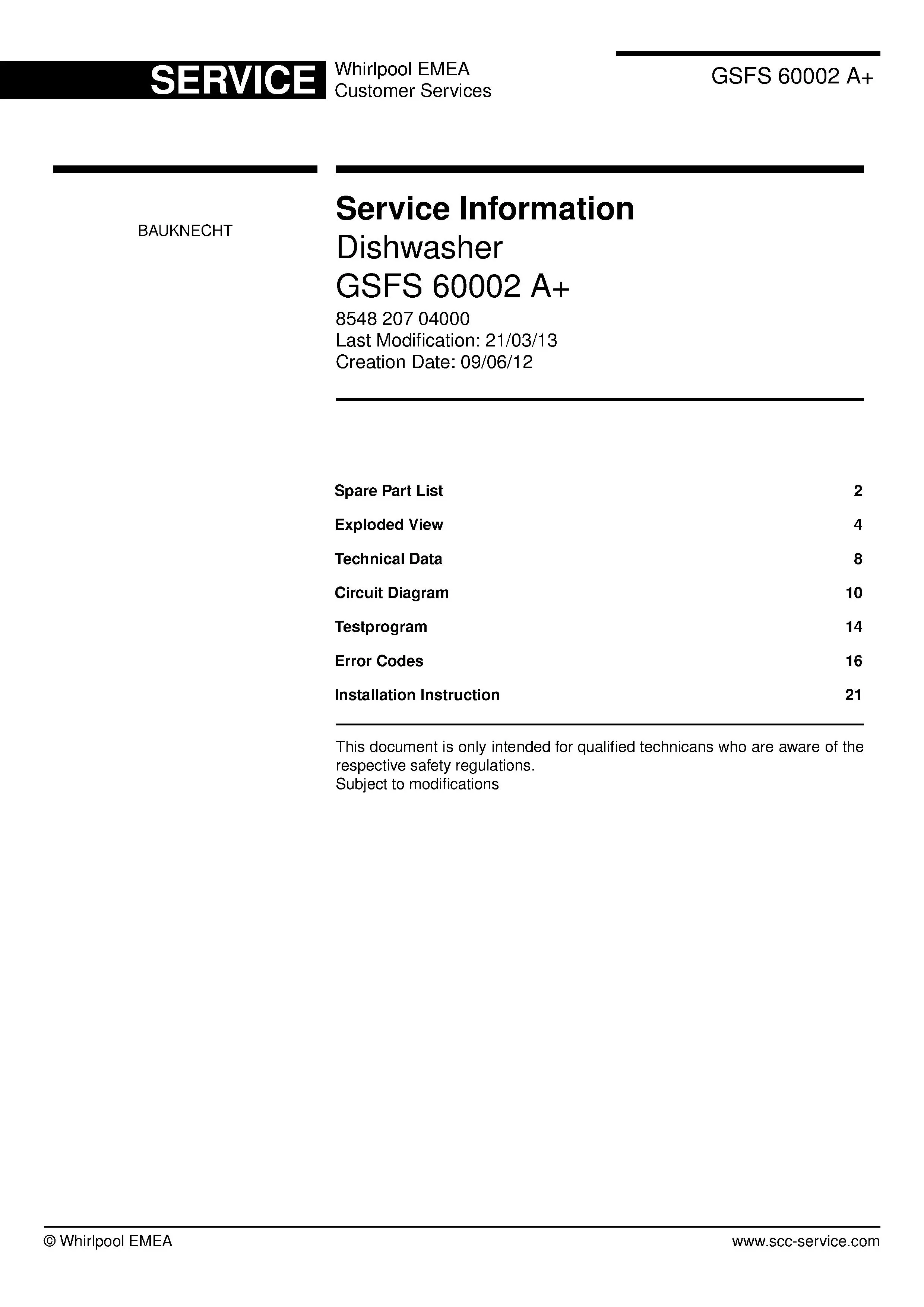 Bauknecht gsfs 60002 a (26) service manual integrated dishwasher showing service information and table of contents with spare parts list, exploded view, circuit diagram, program chart, test program, error codes, and service bulletins.