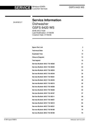 Bauknecht gsfs 6420 ws (78) service manual integrated dishwasher showing service information and table of contents with spare parts list, exploded view, circuit diagram, program chart, test program, error codes, and service bulletins.