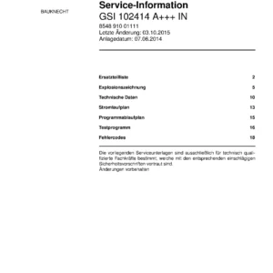 Bauknecht gsi 102414 a in deutsch (22) service manual integrated dishwasher showing service information and table of contents with spare parts list, exploded view, circuit diagram, program chart, test program, error codes, and service bulletins.