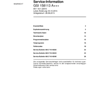 Bauknecht gsi 158113 a deutsch (40) service manual integrated dishwasher showing service information and table of contents with spare parts list, exploded view, circuit diagram, program chart, test program, error codes, and service bulletins.