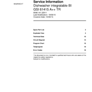 Bauknecht gsi 61415 a tr (23) service manual integrated dishwasher showing service information and table of contents with spare parts list, exploded view, circuit diagram, program chart, test program, error codes, and service bulletins.