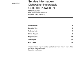 Bauknecht gsie 100 power pt (19) service manual integrated dishwasher showing service information and table of contents with spare parts list, exploded view, circuit diagram, program chart, test program, error codes, and service bulletins.