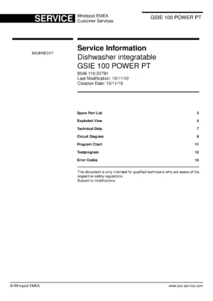 Bauknecht gsie 100 power pt (19) service manual integrated dishwasher showing service information and table of contents with spare parts list, exploded view, circuit diagram, program chart, test program, error codes, and service bulletins.