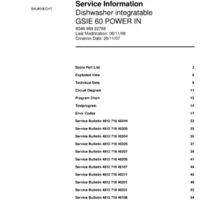 Bauknecht gsie 60 power in (59) service manual integrated dishwasher showing service information and table of contents with spare parts list, exploded view, circuit diagram, program chart, test program, error codes, and service bulletins.