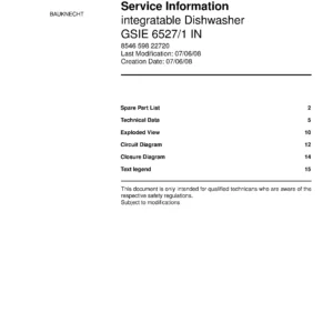 Bauknecht gsie 6527 1 in (21) service manual integrated dishwasher showing service information and table of contents with spare parts list, exploded view, circuit diagram, program chart, test program, error codes, and service bulletins.