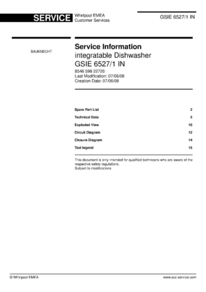 Bauknecht gsie 6527 1 in (21) service manual integrated dishwasher showing service information and table of contents with spare parts list, exploded view, circuit diagram, program chart, test program, error codes, and service bulletins.