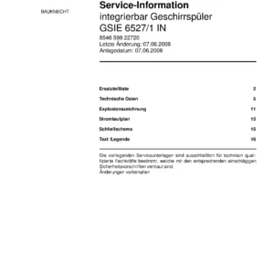 Bauknecht gsie 6527 1 in deutsch (22) service manual integrated dishwasher showing service information and table of contents with spare parts list, exploded view, circuit diagram, program chart, test program, error codes, and service bulletins.