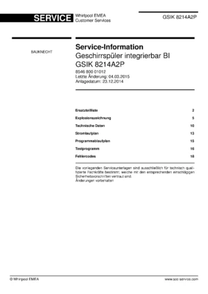Bauknecht gsik 8214a2p deutsch (22) service manual integrated dishwasher showing service information and table of contents with spare parts list, exploded view, circuit diagram, program chart, test program, error codes, and service bulletins.