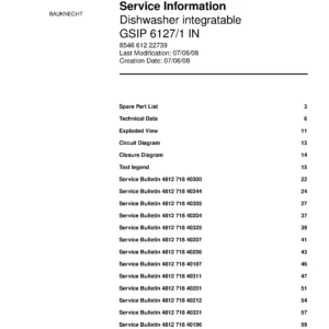 Bauknecht gsip 6127 1 in (64) service manual integrated dishwasher showing service information and table of contents with spare parts list, exploded view, circuit diagram, program chart, test program, error codes, and service bulletins.