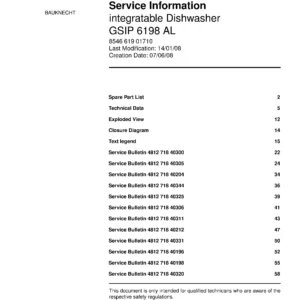 Bauknecht gsip 6198 al (60) service manual integrated dishwasher showing service information and table of contents with spare parts list, exploded view, circuit diagram, program chart, test program, error codes, and service bulletins.