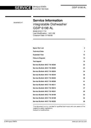 Bauknecht gsip 6198 al (60) service manual integrated dishwasher showing service information and table of contents with spare parts list, exploded view, circuit diagram, program chart, test program, error codes, and service bulletins.