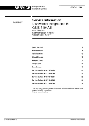 Bauknecht gsis 5104a1i (38) service manual integrated dishwasher showing service information and table of contents with spare parts list, exploded view, circuit diagram, program chart, test program, error codes, and service bulletins.