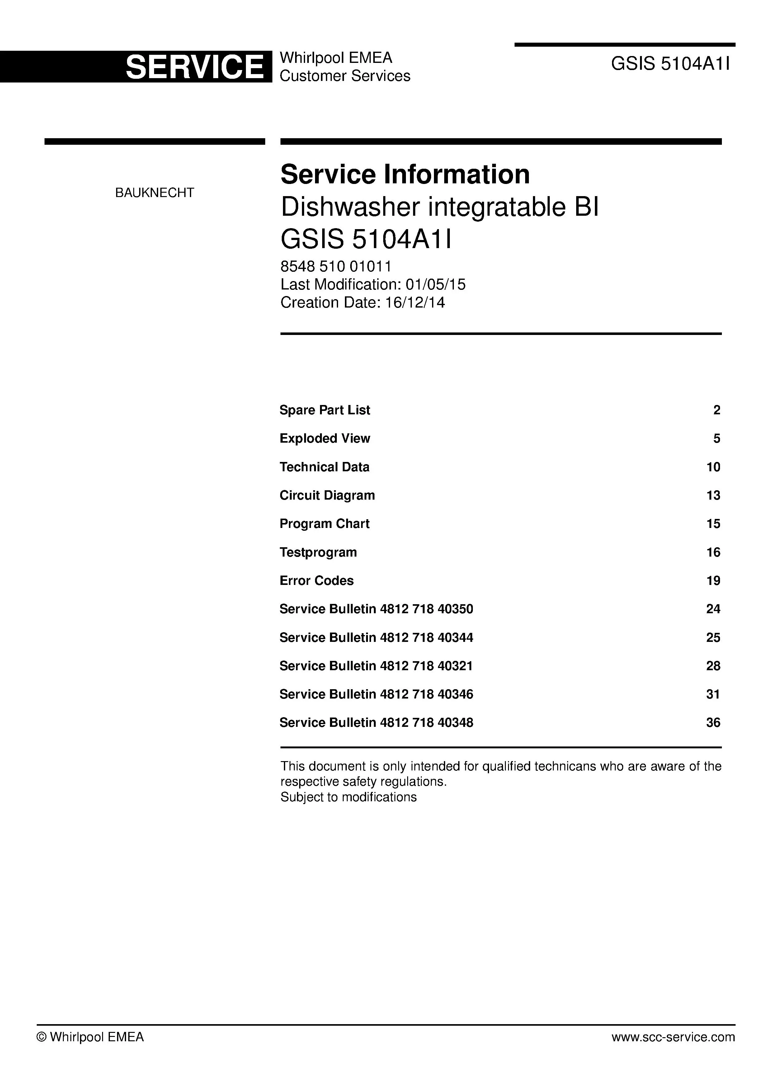 Bauknecht gsis 5104a1i (38) service manual integrated dishwasher showing service information and table of contents with spare parts list, exploded view, circuit diagram, program chart, test program, error codes, and service bulletins.