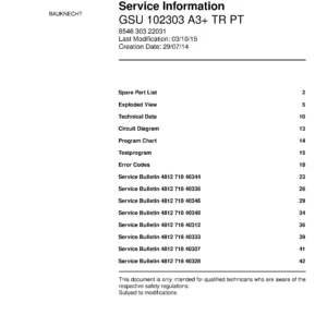 Bauknecht gsu 102303 a3 tr pt (42) service manual integrated dishwasher showing service information and table of contents with spare parts list, exploded view, circuit diagram, program chart, test program, error codes, and service bulletins.