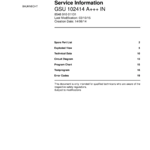 Bauknecht gsu 102414 a in (23) service manual integrated dishwasher showing service information and table of contents with spare parts list, exploded view, circuit diagram, program chart, test program, error codes, and service bulletins.