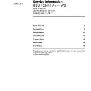 Bauknecht gsu 102414 a ws (23) service manual integrated dishwasher showing service information and table of contents with spare parts list, exploded view, circuit diagram, program chart, test program, error codes, and service bulletins.