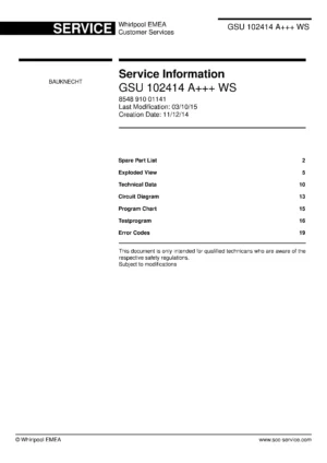 Bauknecht gsu 102414 a ws (23) service manual integrated dishwasher showing service information and table of contents with spare parts list, exploded view, circuit diagram, program chart, test program, error codes, and service bulletins.