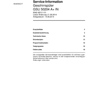 Bauknecht gsu 50204 a in deutsch (22) service manual integrated dishwasher showing service information and table of contents with spare parts list, exploded view, circuit diagram, program chart, test program, error codes, and service bulletins.