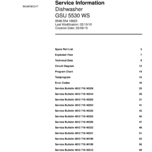 Bauknecht gsu 5530 ws (73) service manual integrated dishwasher showing service information and table of contents with spare parts list, exploded view, circuit diagram, program chart, test program, error codes, and service bulletins.