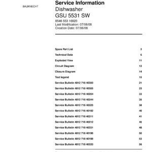 Bauknecht gsu 5531 sw (58) service manual integrated dishwasher showing service information and table of contents with spare parts list, exploded view, circuit diagram, program chart, test program, error codes, and service bulletins.