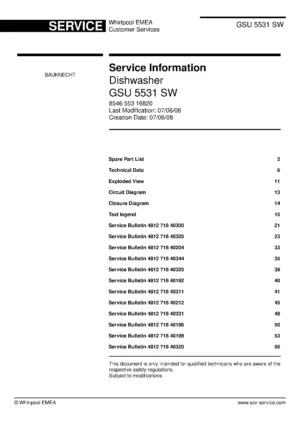 Bauknecht gsu 5531 sw (58) service manual integrated dishwasher showing service information and table of contents with spare parts list, exploded view, circuit diagram, program chart, test program, error codes, and service bulletins.