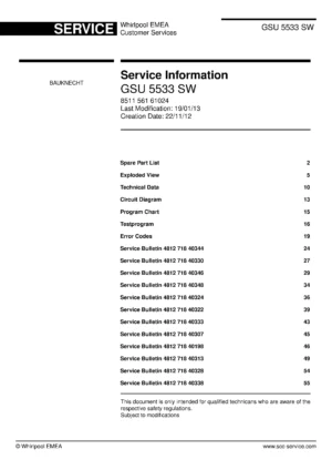 Bauknecht gsu 5533 sw (60) service manual integrated dishwasher showing service information and table of contents with spare parts list, exploded view, circuit diagram, program chart, test program, error codes, and service bulletins.