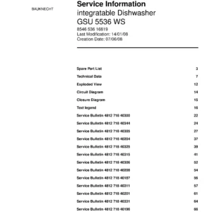 Bauknecht gsu 5536 ws (74) service manual integrated dishwasher showing service information and table of contents with spare parts list, exploded view, circuit diagram, program chart, test program, error codes, and service bulletins.