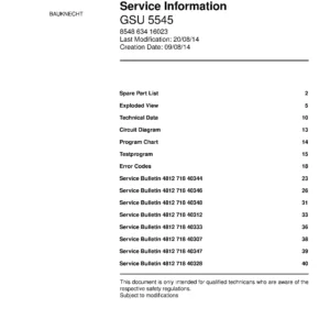 Bauknecht gsu 5545 (40) service manual integrated dishwasher showing service information and table of contents with spare parts list, exploded view, circuit diagram, program chart, test program, error codes, and service bulletins.
