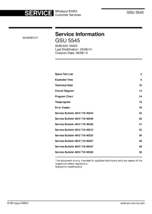 Bauknecht gsu 5545 (40) service manual integrated dishwasher showing service information and table of contents with spare parts list, exploded view, circuit diagram, program chart, test program, error codes, and service bulletins.