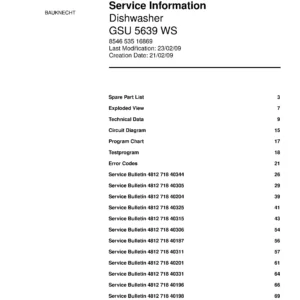 Bauknecht gsu 5639 ws (74) service manual integrated dishwasher showing service information and table of contents with spare parts list, exploded view, circuit diagram, program chart, test program, error codes, and service bulletins.