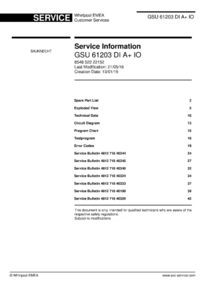 Bauknecht gsu 61203 di a io (42) service manual integrated dishwasher showing service information and table of contents with spare parts list, exploded view, circuit diagram, program chart, test program, error codes, and service bulletins.