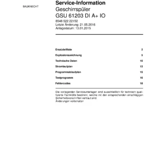 Bauknecht gsu 61203 di a io deutsch (22) service manual integrated dishwasher showing service information and table of contents with spare parts list, exploded view, circuit diagram, program chart, test program, error codes, and service bulletins.