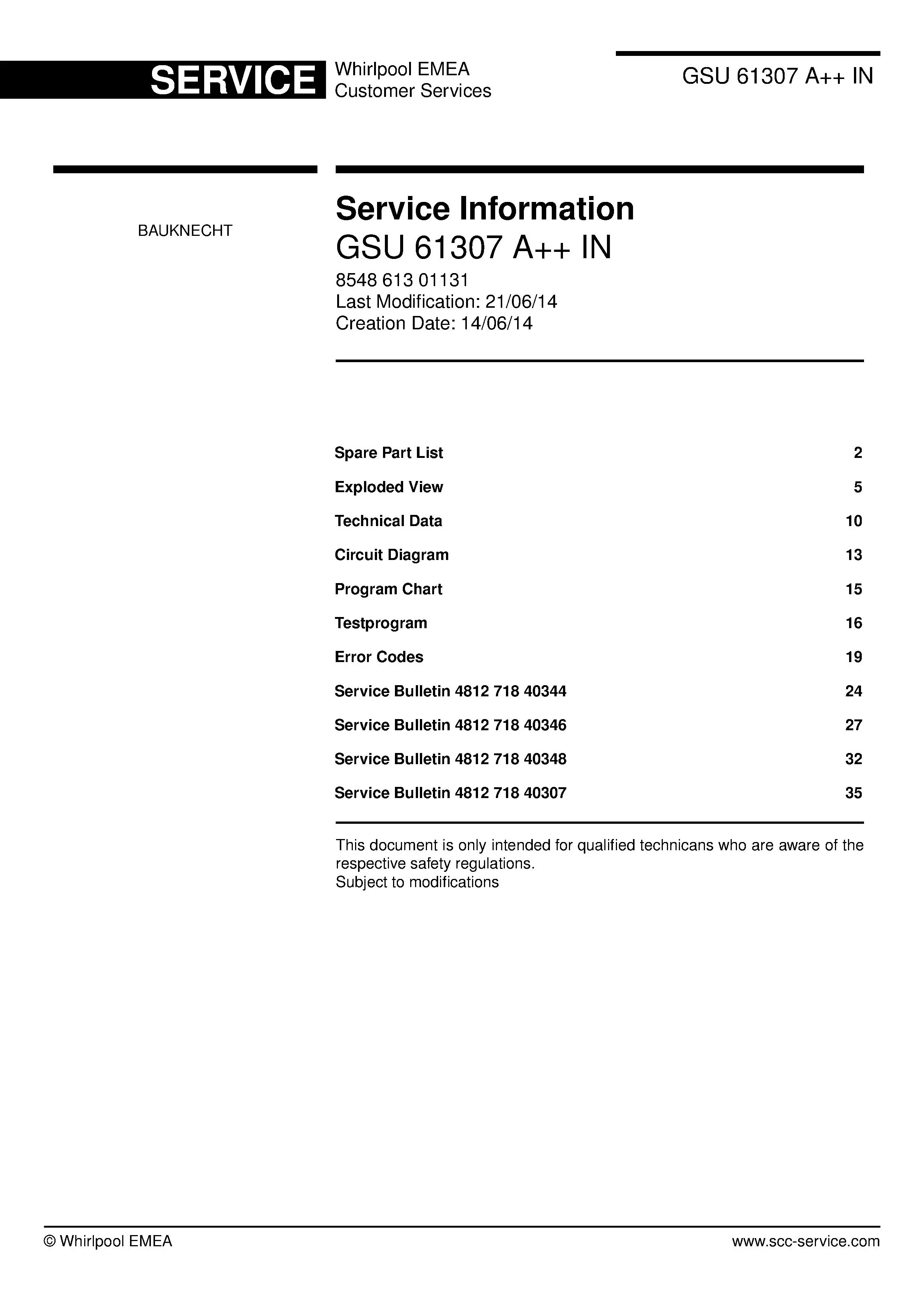 Bauknecht gsu 61307 a in (35) service manual integrated dishwasher showing service information and table of contents with spare parts list, exploded view, circuit diagram, program chart, test program, error codes, and service bulletins.