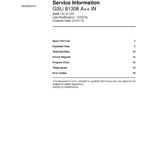 Bauknecht gsu 81308 a in (23) service manual integrated dishwasher showing service information and table of contents with spare parts list, exploded view, circuit diagram, program chart, test program, error codes, and service bulletins.