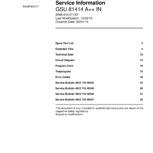 Bauknecht gsu 81414 a in (33) service manual integrated dishwasher showing service information and table of contents with spare parts list, exploded view, circuit diagram, program chart, test program, error codes, and service bulletins.
